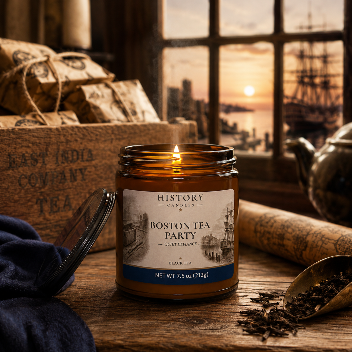 Boston Tea Party candle by History Candles displayed in a warm historical setting inspired by colonial America and the events of 1773.