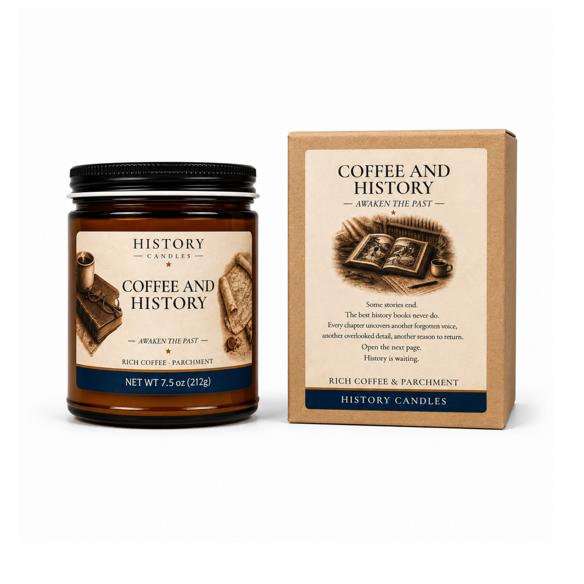 History Candles Coffee and History candle displayed with its premium gift box