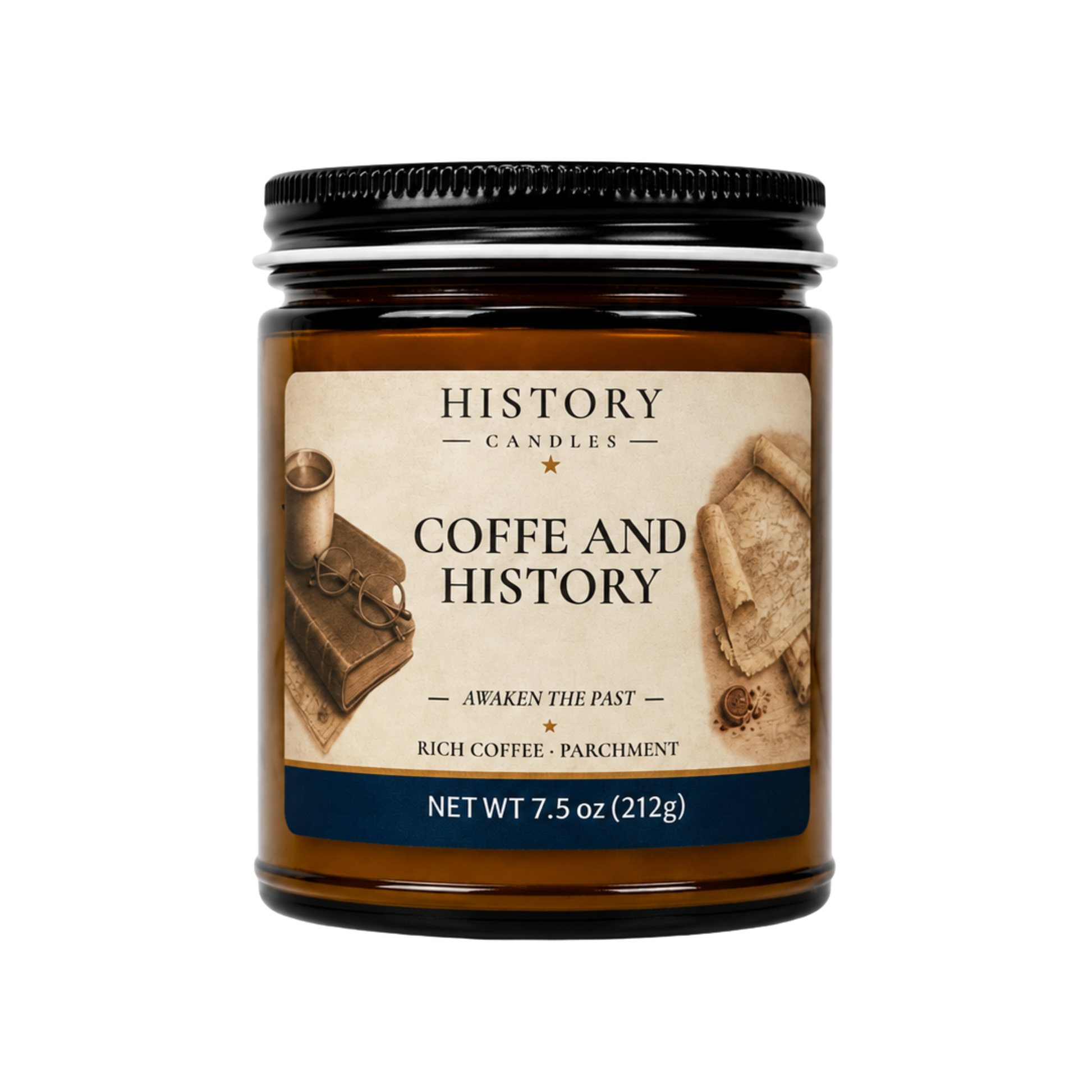History Candles Coffee and History candle featuring the rich coffee and parchment fragrance in an amber glass jar