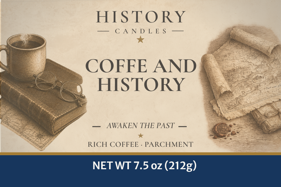 History Candles Coffee and History candle label featuring original historical artwork