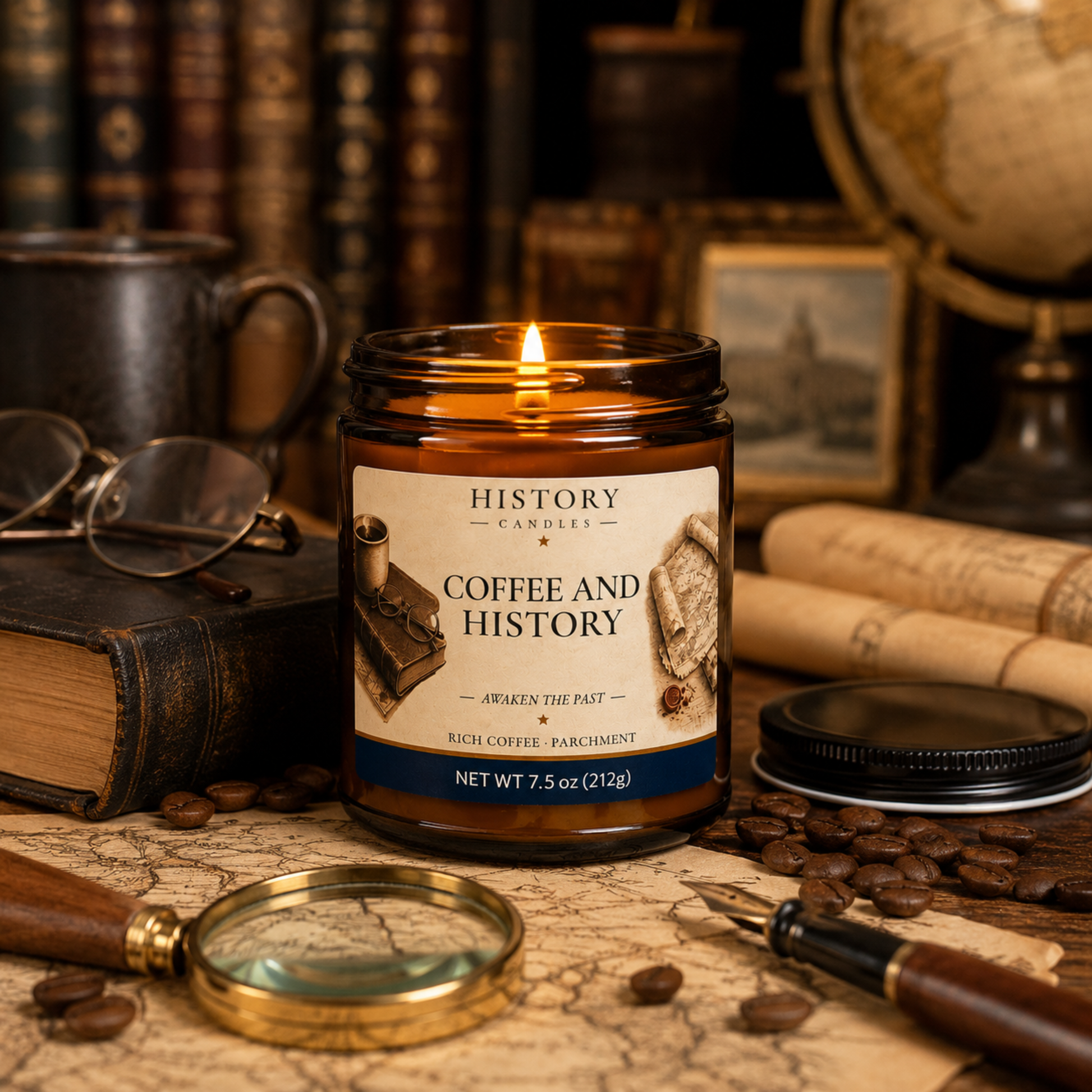 History Candles Coffee and History candle and premium gift box displayed in a historic study setting