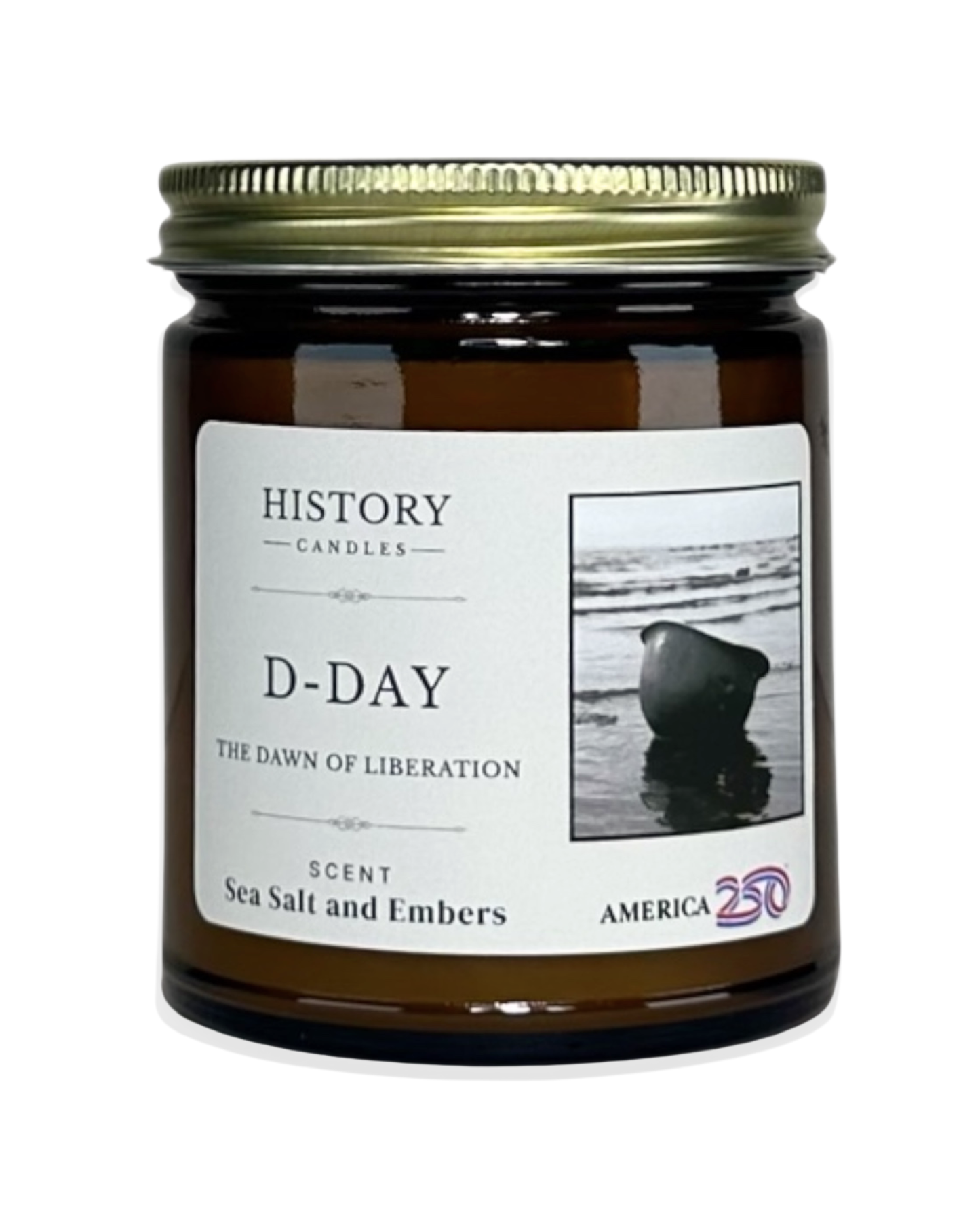 D-Day soy candle in amber glass jar with gold lid America 250 edition