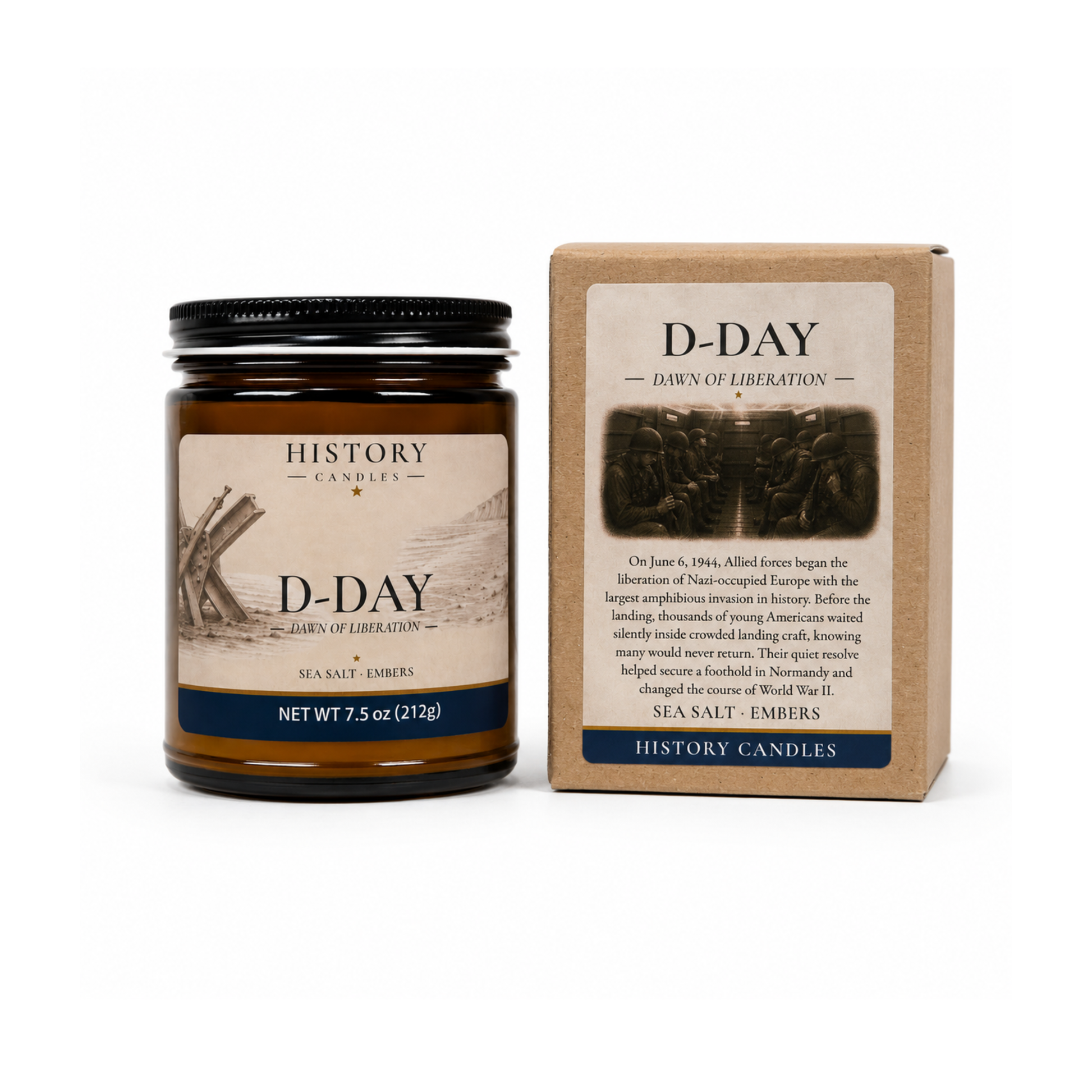 D-Day candle and historical story card presented together in premium gift-ready packaging.