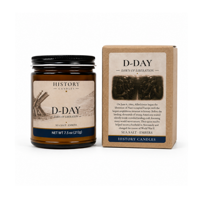 D-Day candle and historical story card presented together in premium gift-ready packaging.