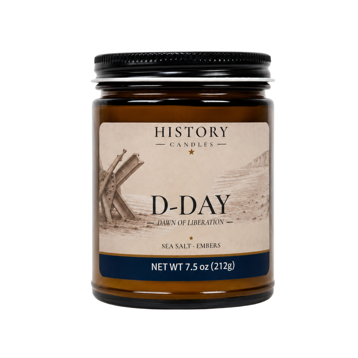 D-Day History Candle in an amber glass jar featuring Sea Salt & Embers fragrance with original Normandy invasion artwork.