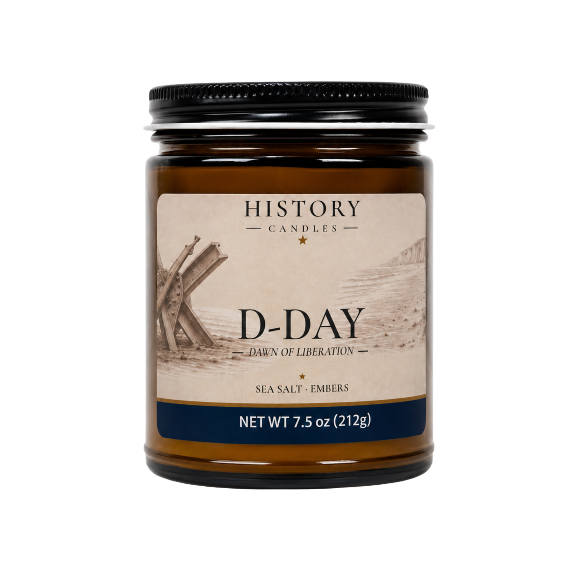 D-Day History Candle in an amber glass jar featuring Sea Salt & Embers fragrance with original Normandy invasion artwork.