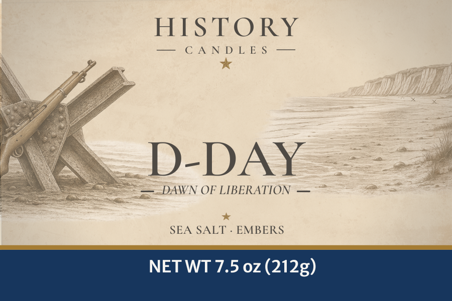 Close-up of the D-Day candle label featuring original historical artwork inspired by the Allied landings on the beaches of Normandy. 