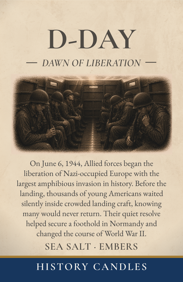 Historical story label describing the D-Day invasion of Normandy and the inspiration behind the Sea Salt & Embers fragrance.
