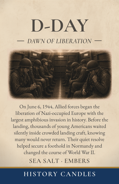 Historical story label describing the D-Day invasion of Normandy and the inspiration behind the Sea Salt & Embers fragrance.