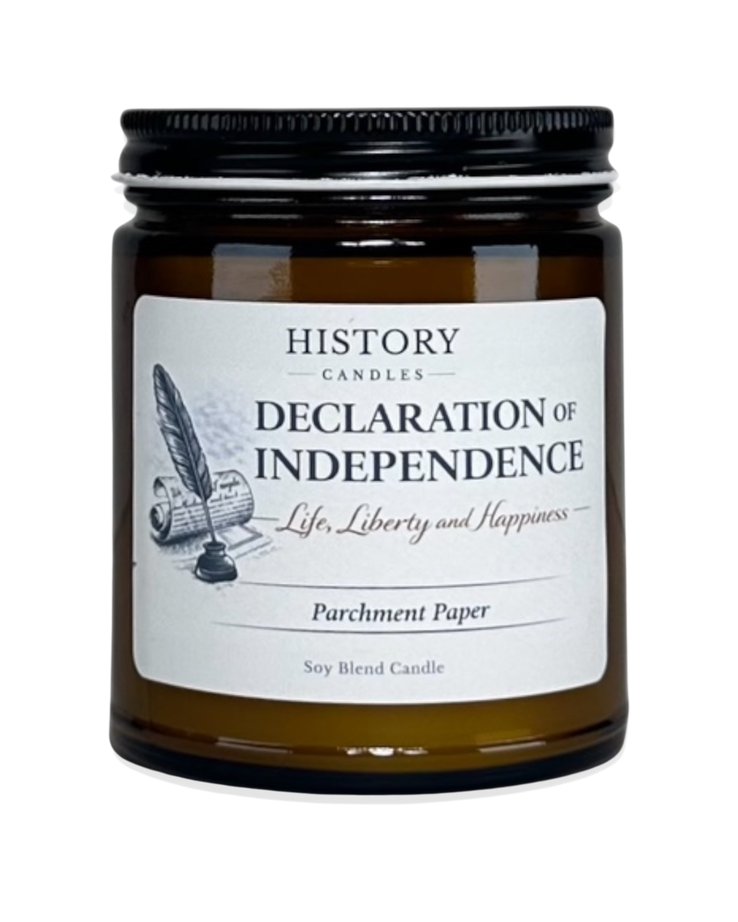 Declaration of Independence soy candle in amber glass jar with black lid on white background