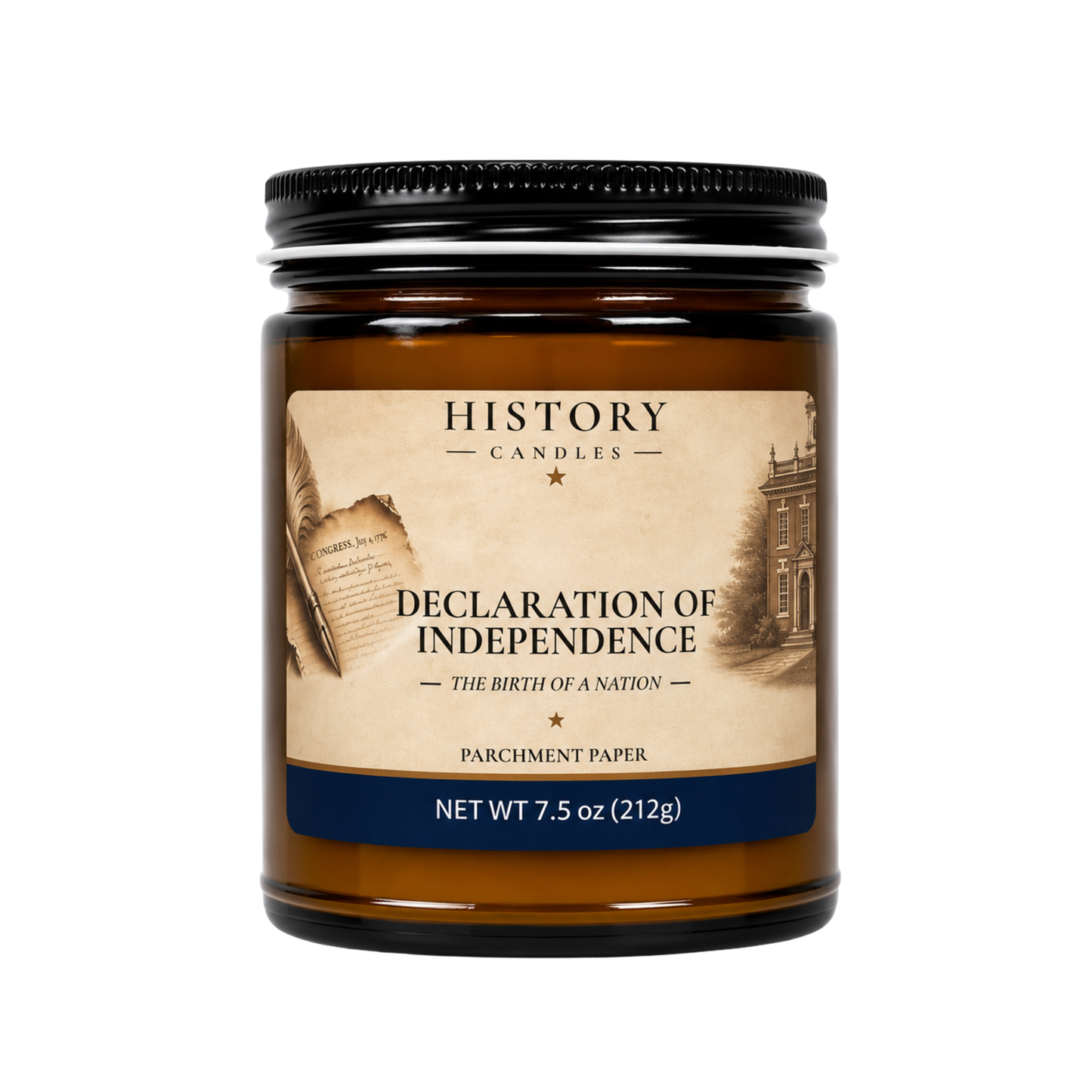 History Candles Declaration of Independence candle featuring the Parchment fragrance in an amber glass jar