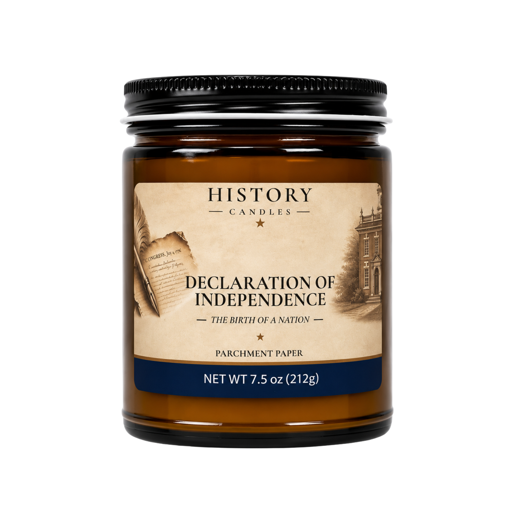 History Candles Declaration of Independence candle featuring the Parchment fragrance in an amber glass jar