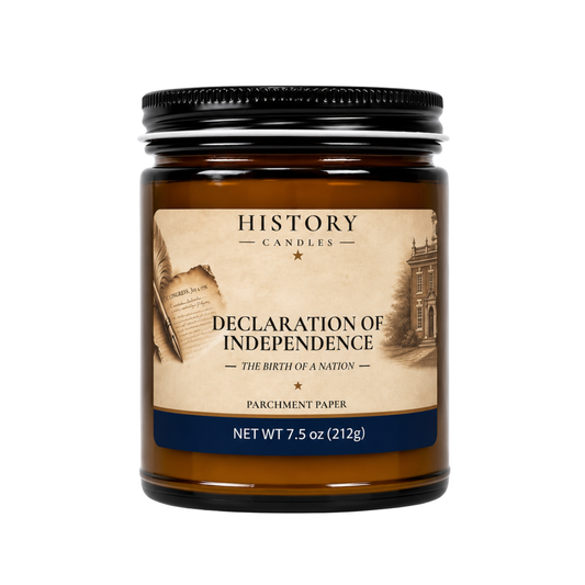 History Candles Declaration of Independence candle featuring the Parchment fragrance in an amber glass jar