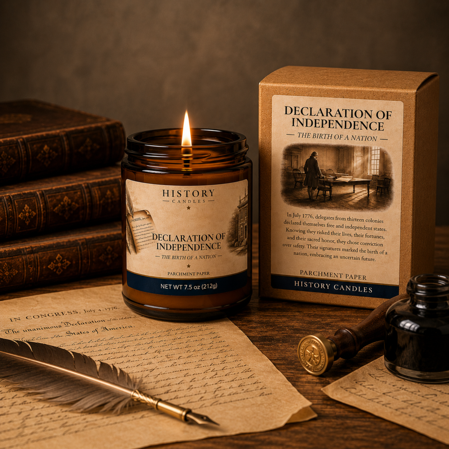 History Candles Declaration of Independence candle and premium gift box displayed in a historic study setting