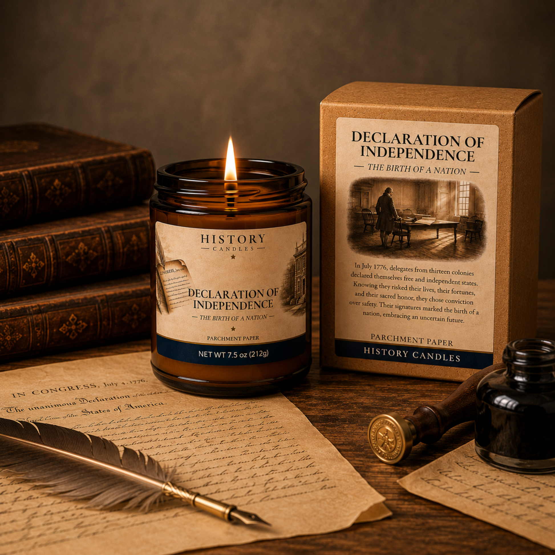 History Candles Declaration of Independence candle and premium gift box displayed in a historic study setting