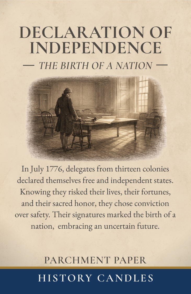 History Candles Declaration of Independence historical story card describing the signing of the Declaration of Independence
