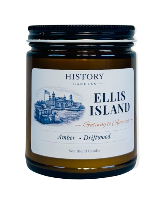 Ellis Island soy candle in amber glass jar with black lid 