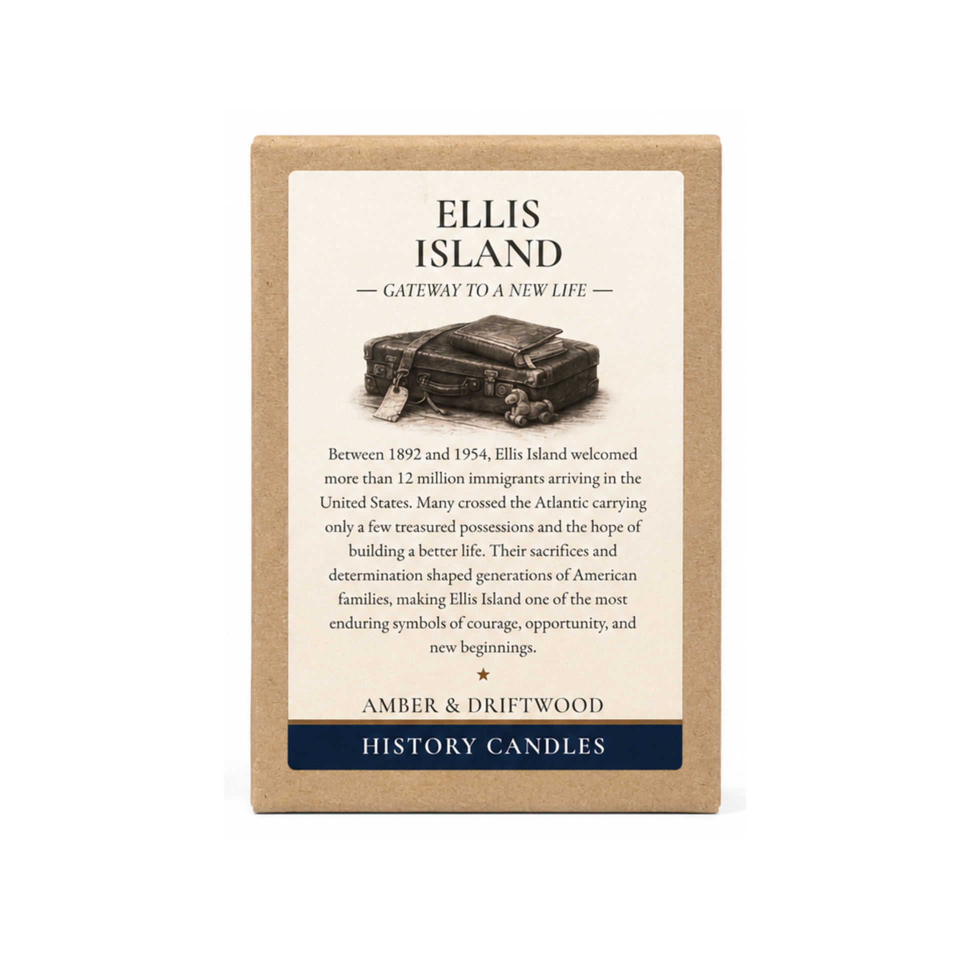 Premium gift box for the Ellis Island candle by History Candles, featuring historical artwork and story details inspired by Ellis Island.