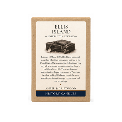 Premium gift box for the Ellis Island candle by History Candles, featuring historical artwork and story details inspired by Ellis Island.