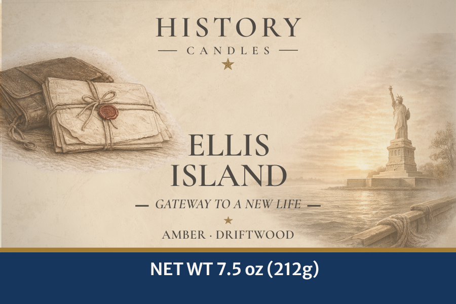 Close-up of the Ellis Island candle label by History Candles, showing historical artwork, product name, and Amber & Driftwood fragrance.