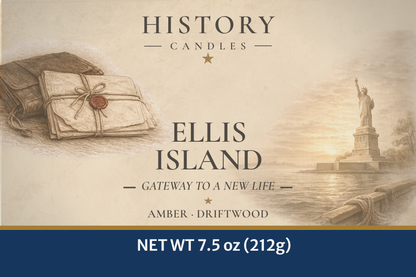 Close-up of the Ellis Island candle label by History Candles, showing historical artwork, product name, and Amber & Driftwood fragrance.