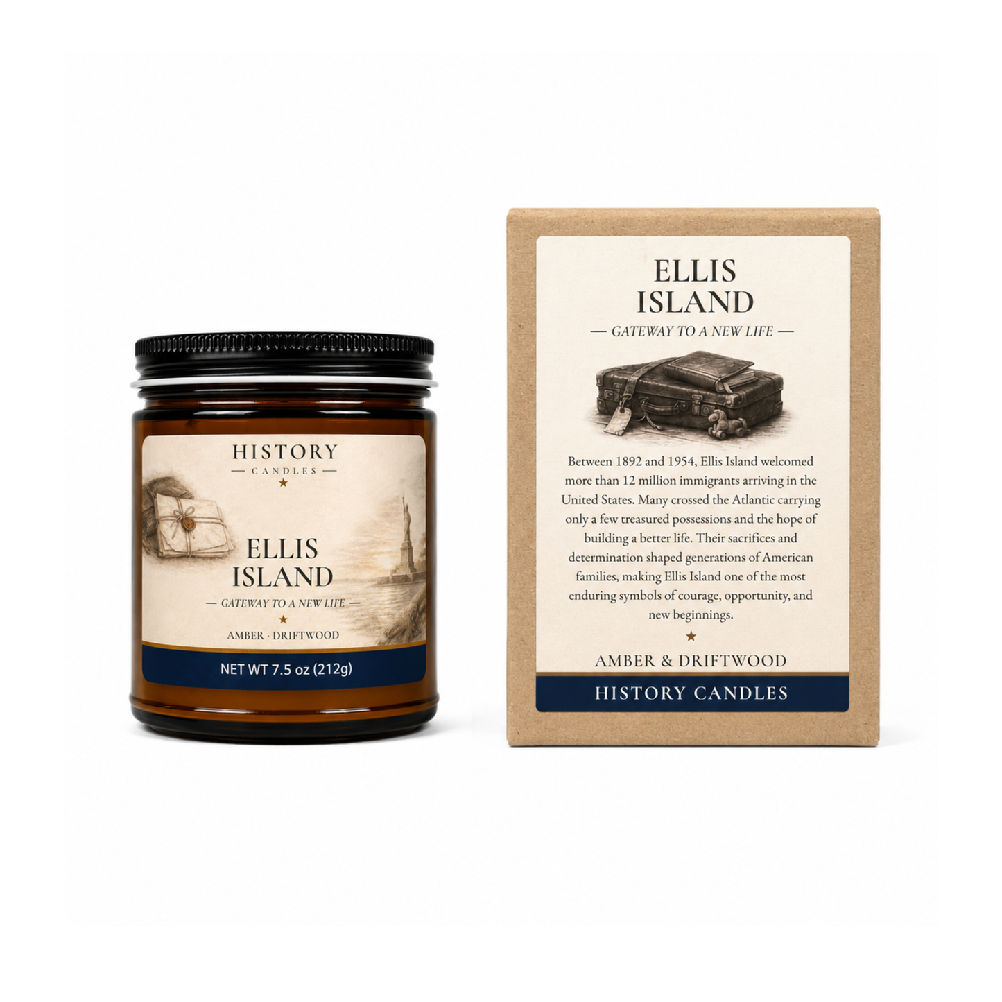 Ellis Island candle and matching premium gift box by History Candles, featuring historical artwork inspired by Ellis Island and Amber & Driftwood scent.