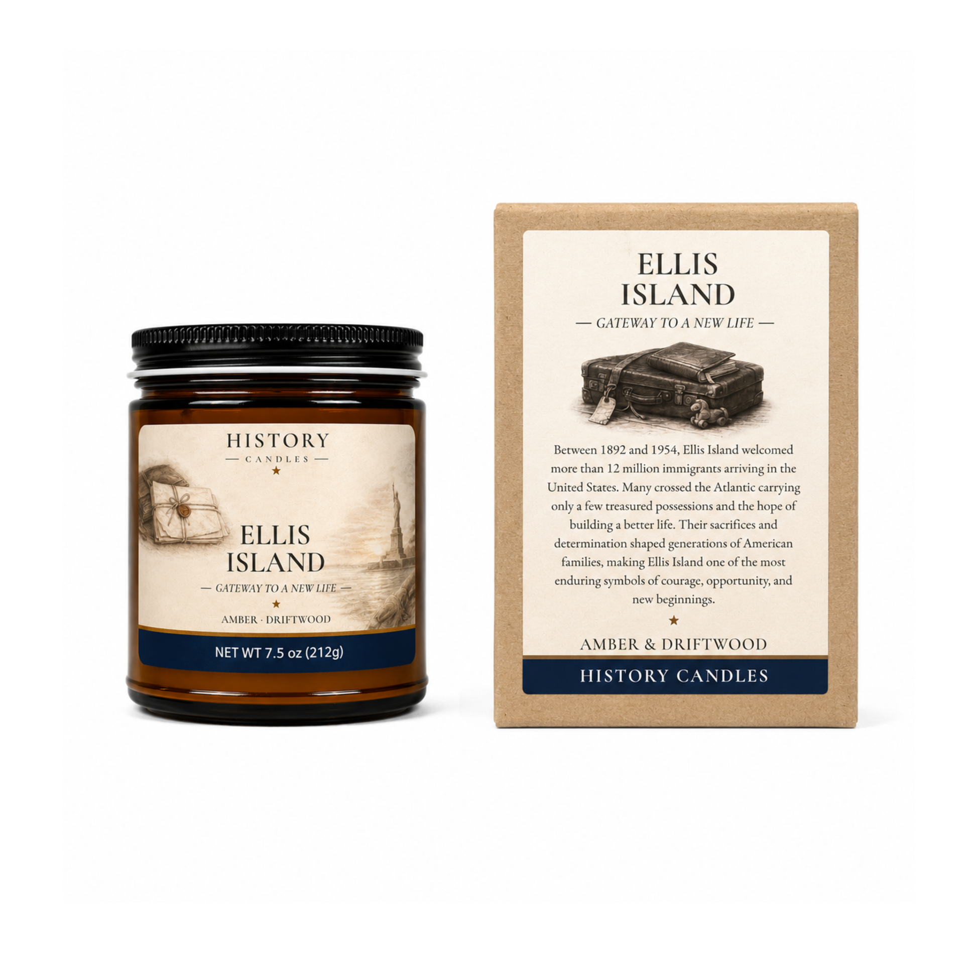 Ellis Island candle and matching premium gift box by History Candles, featuring historical artwork inspired by Ellis Island and Amber & Driftwood scent.