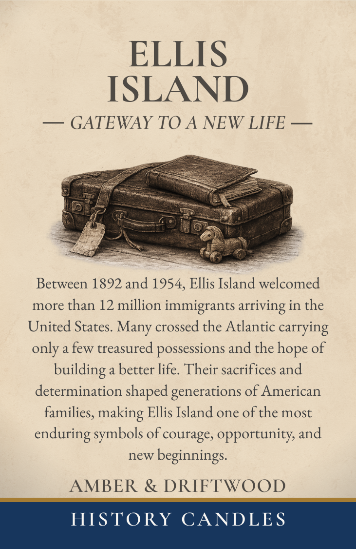 Historical story panel for the Ellis Island candle by History Candles, highlighting the significance of Ellis Island and the immigrant journey to America.