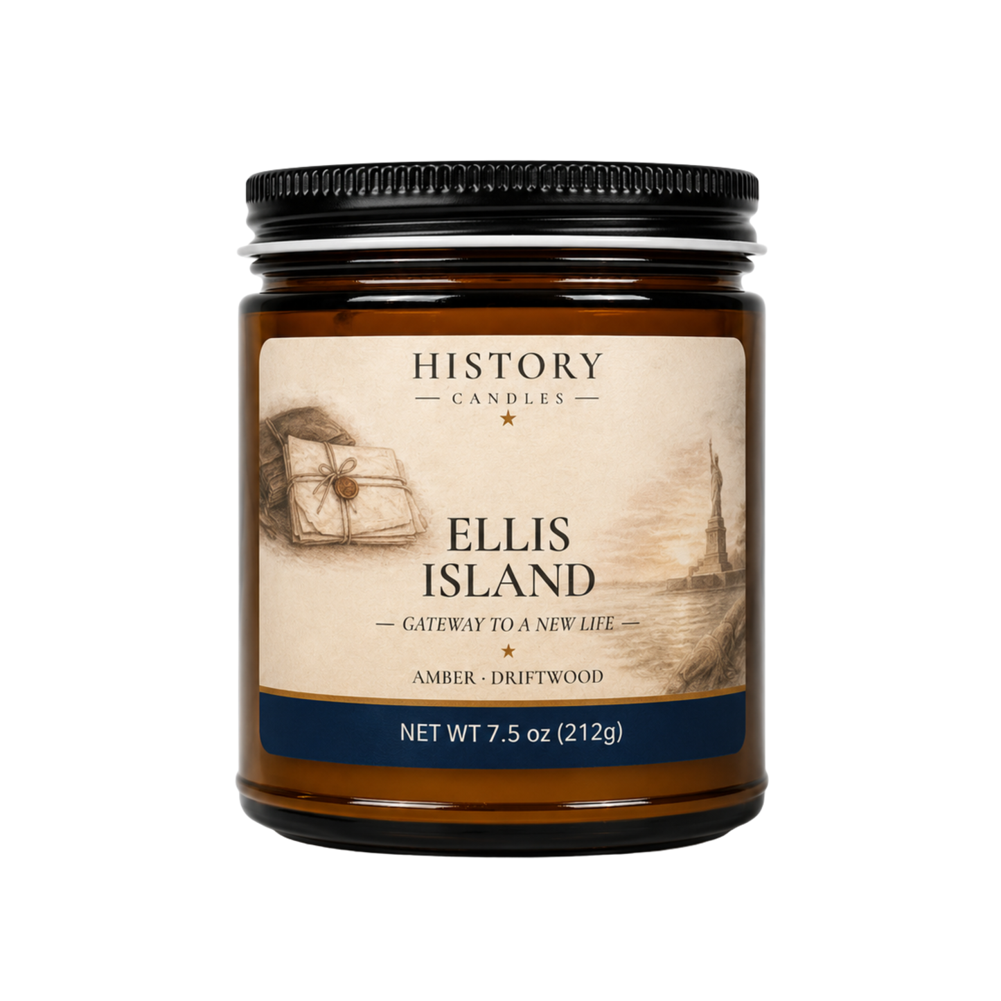 History Candles Ellis Island candle inspired by the immigrant arrival station in New York Harbor, hand-poured in Columbus, Ohio, scented Amber & Driftwood