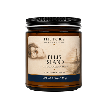 History Candles Ellis Island candle inspired by the immigrant arrival station in New York Harbor, hand-poured in Columbus, Ohio, scented Amber & Driftwood