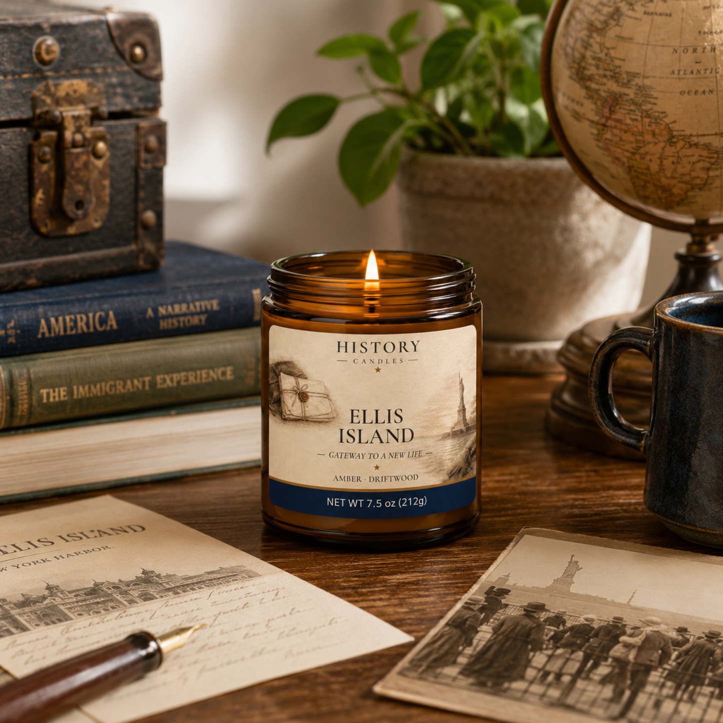 Lit Ellis Island candle by History Candles displayed in a warm lifestyle setting, featuring historical artwork and Amber & Driftwood fragrance.