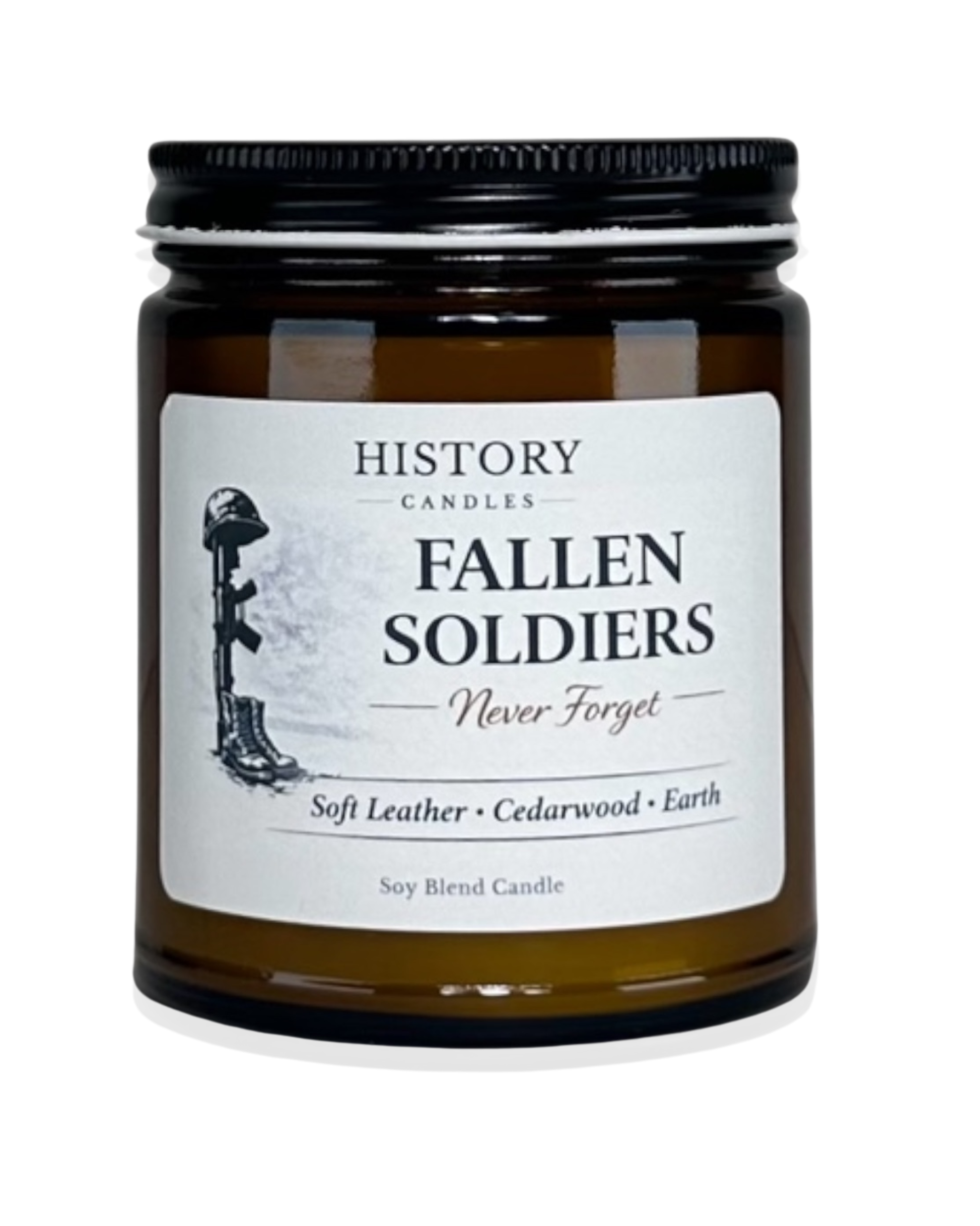Fallen Soldiers soy candle in amber glass jar with black lid on white background