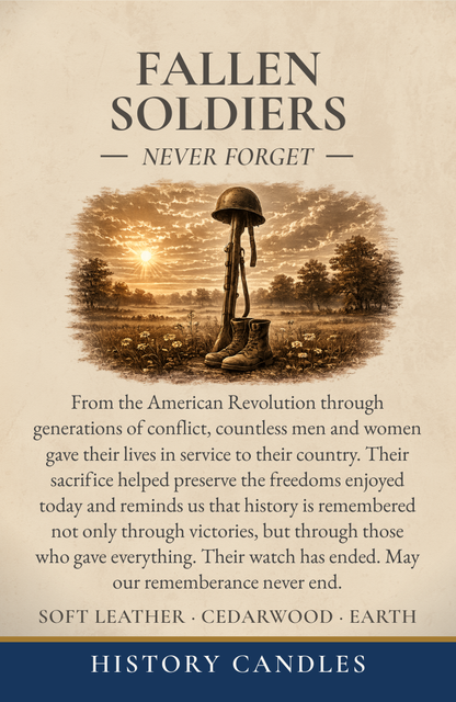 Close-up of the Fallen Soldiers gift box label featuring original historical artwork and commemorative product details.