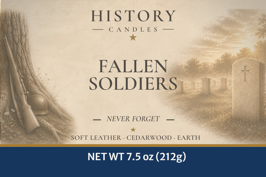 Close-up of the Fallen Soldiers candle label featuring historical memorial artwork and the Soft Leather, Cedarwood & Earth scent name.
