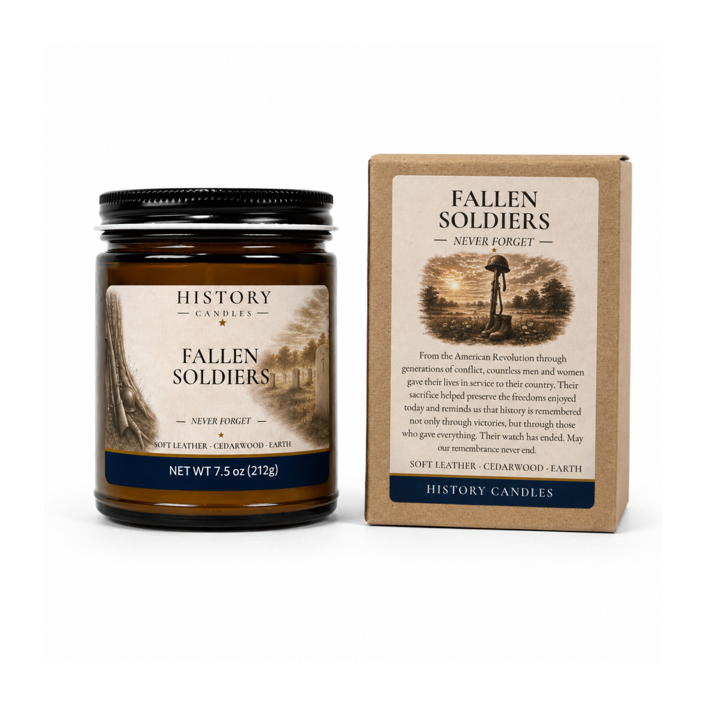 Fallen Soldiers candle beside its premium gift box, showing the amber jar, black lid, and historical memorial-themed packaging.