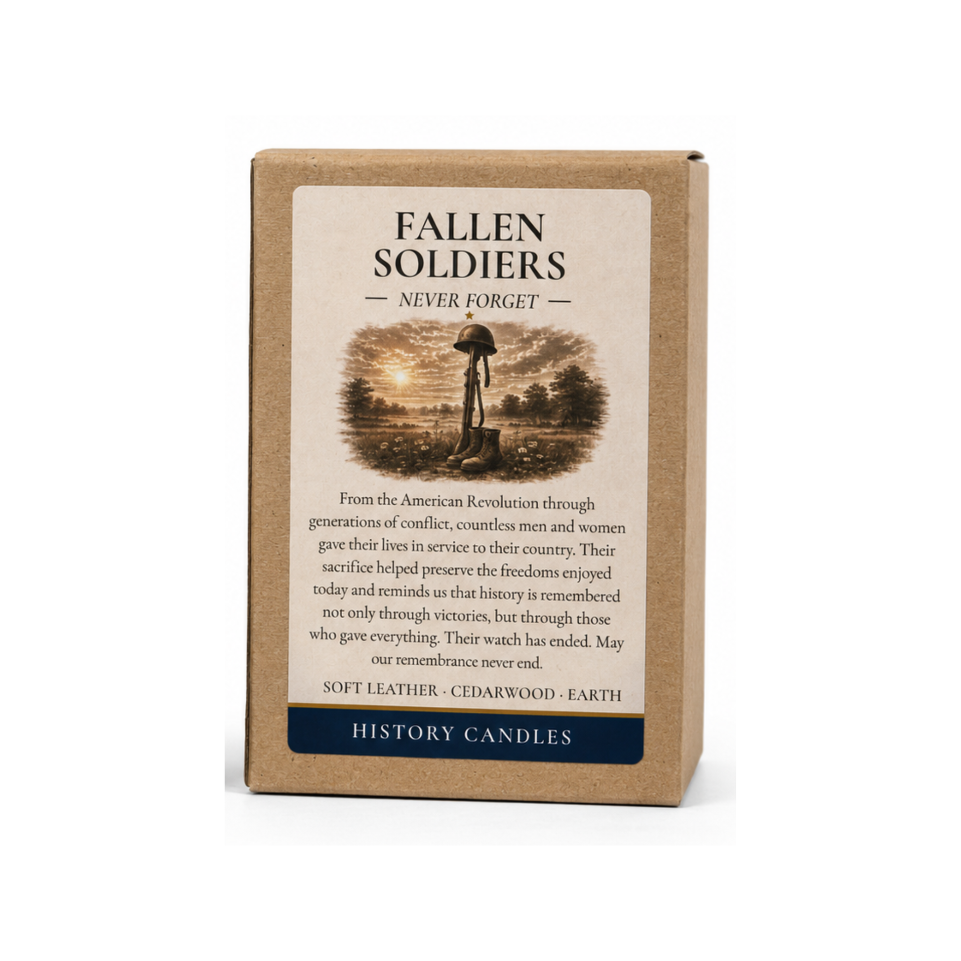 Premium gift box for the Fallen Soldiers candle featuring original historical memorial artwork and a tribute- inspired design.