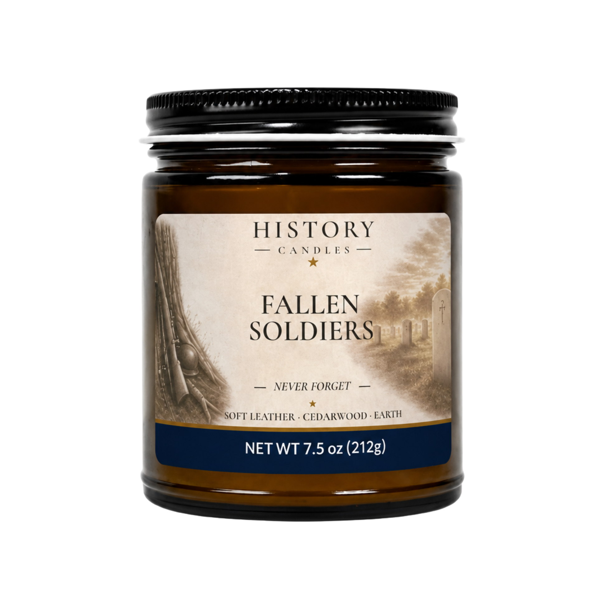 Fallen Soldiers candle in an amber glass jar with black lid, featuring memorial-inspired historical artwork and a Soft Leather, Cedarwood & Earth fragrance. 