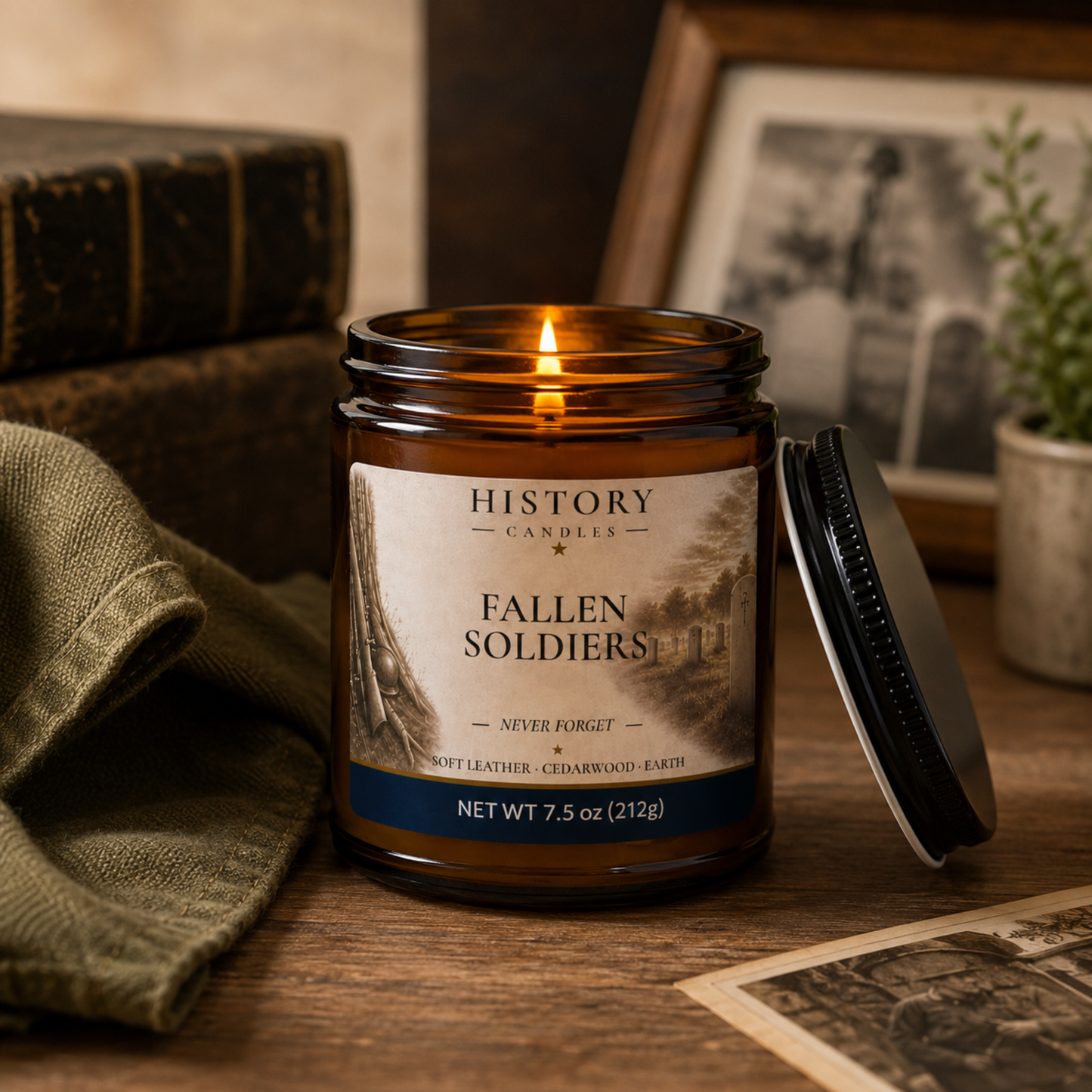 Lit Fallen Soldiers candle styled in a warm, reflective setting, highlighting the memorial-inspired design and premium presentation.