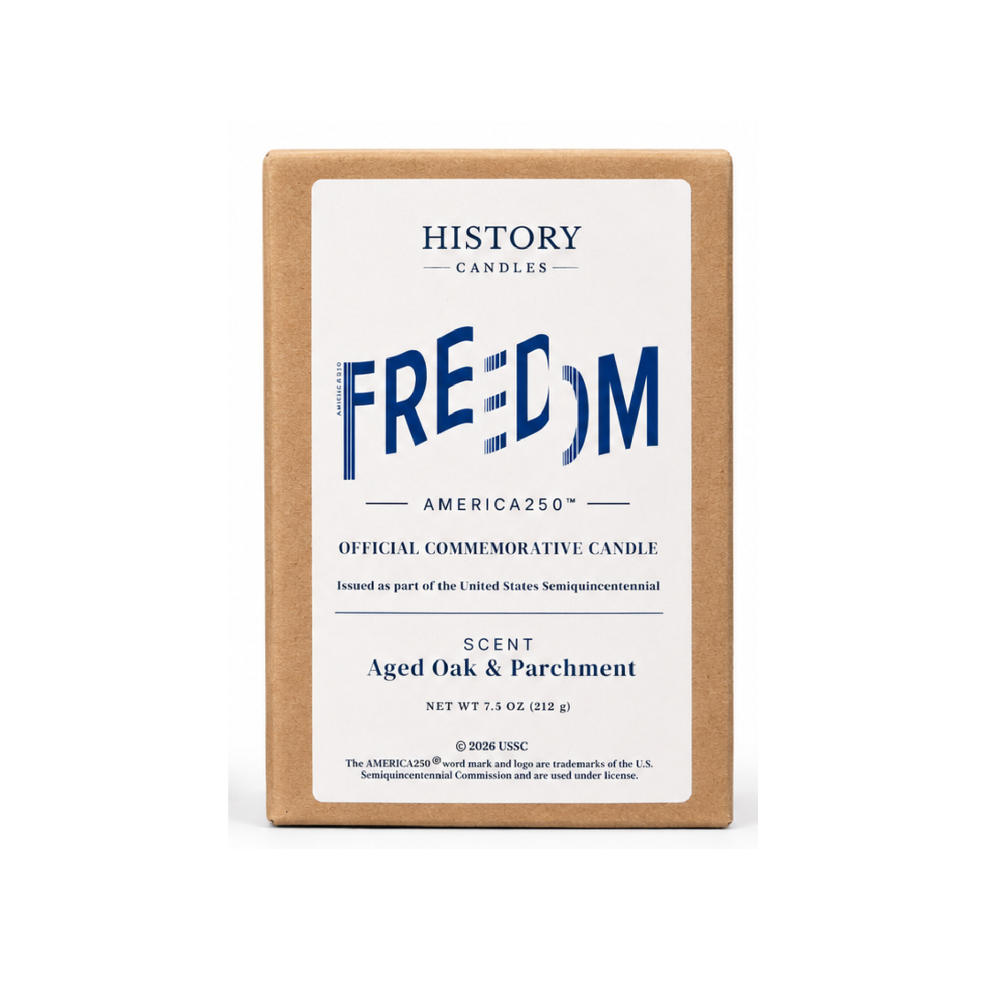 A kraft paper box candle labeled 'HISTORY CANDLES FREEDOM' on a clean white background.
