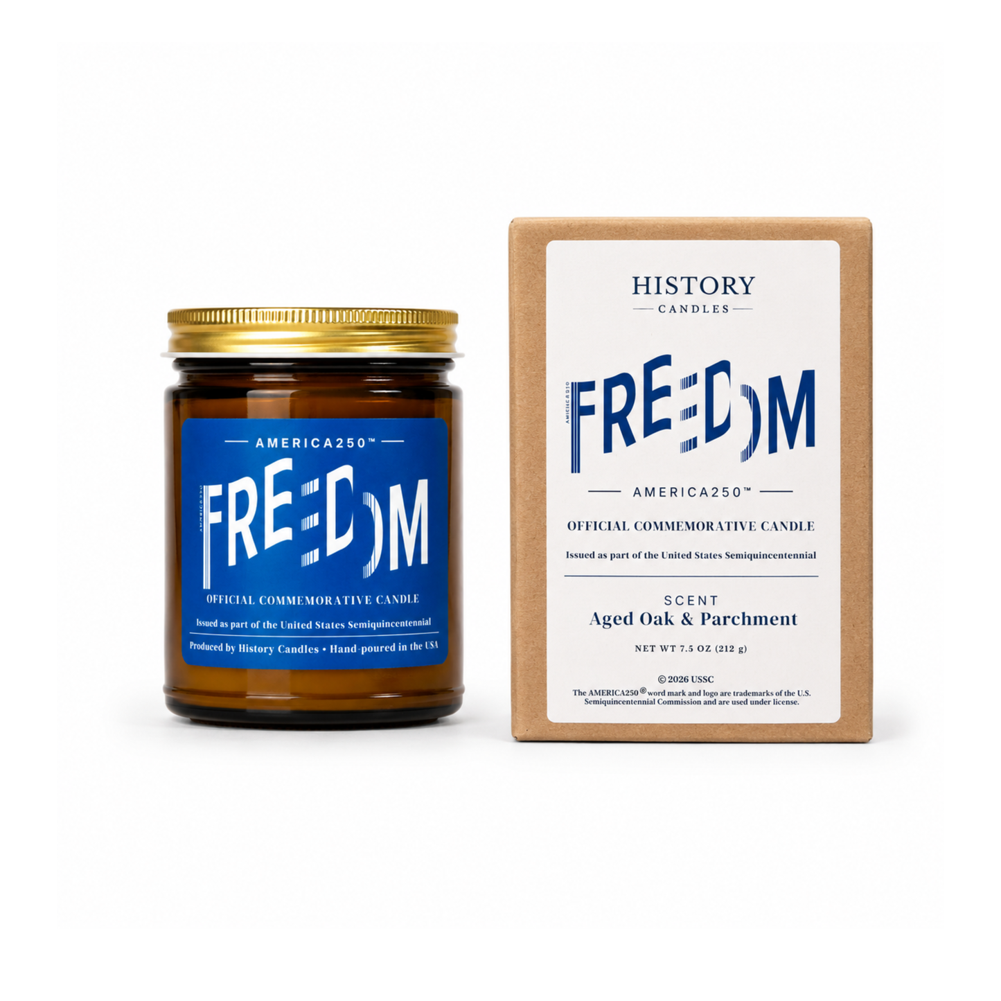 An amber glass jar candle with a gold lid and a blue label reading FREEDM, shown next to its kraft paper box packaging with a white label that reads HISTORY CANDLES and FREEDM.