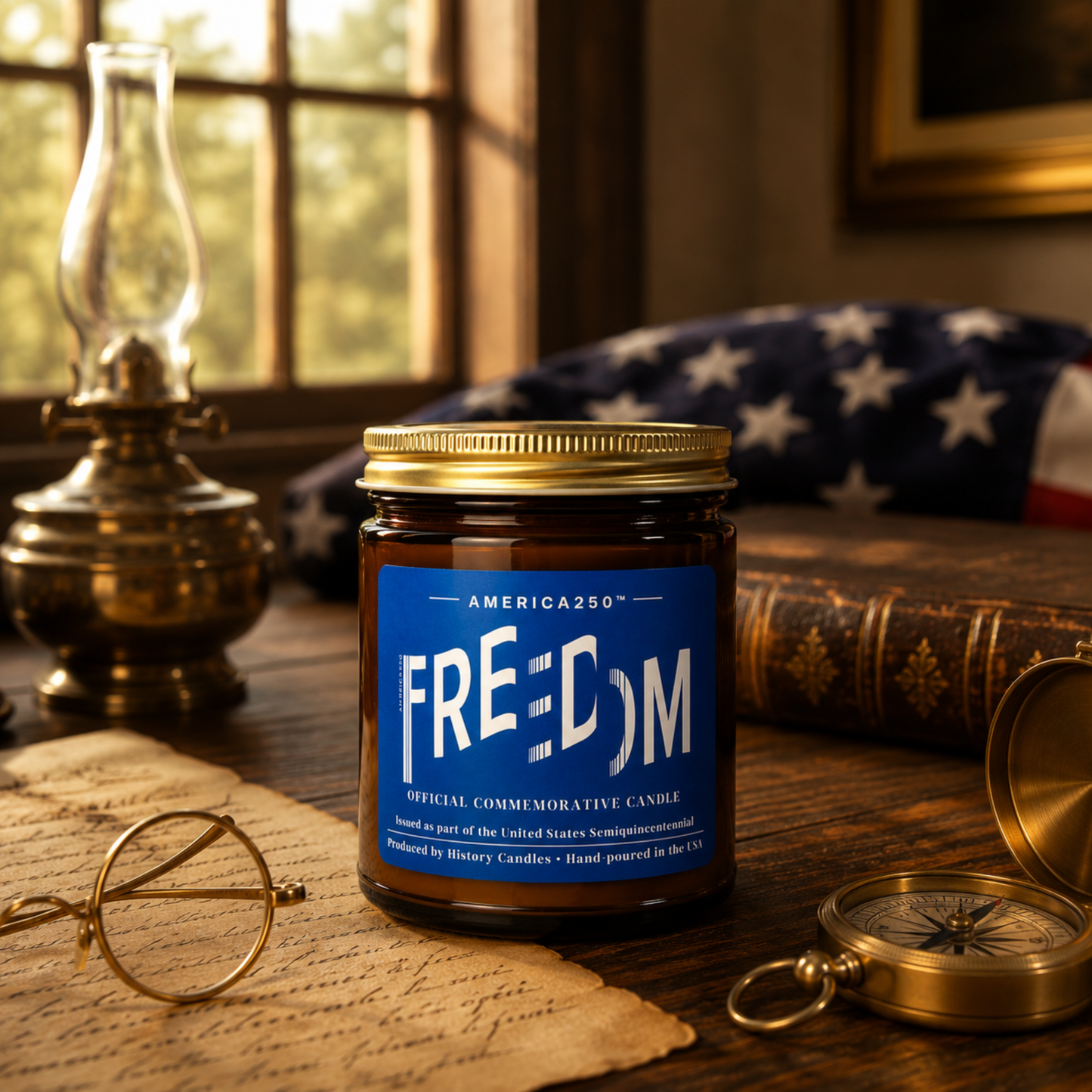 A jar candle labeled 'FREEDOM' by America250 stands on a wooden table in a styled room scene with a brass lamp, old book, glasses, compass, and an American flag in the background.