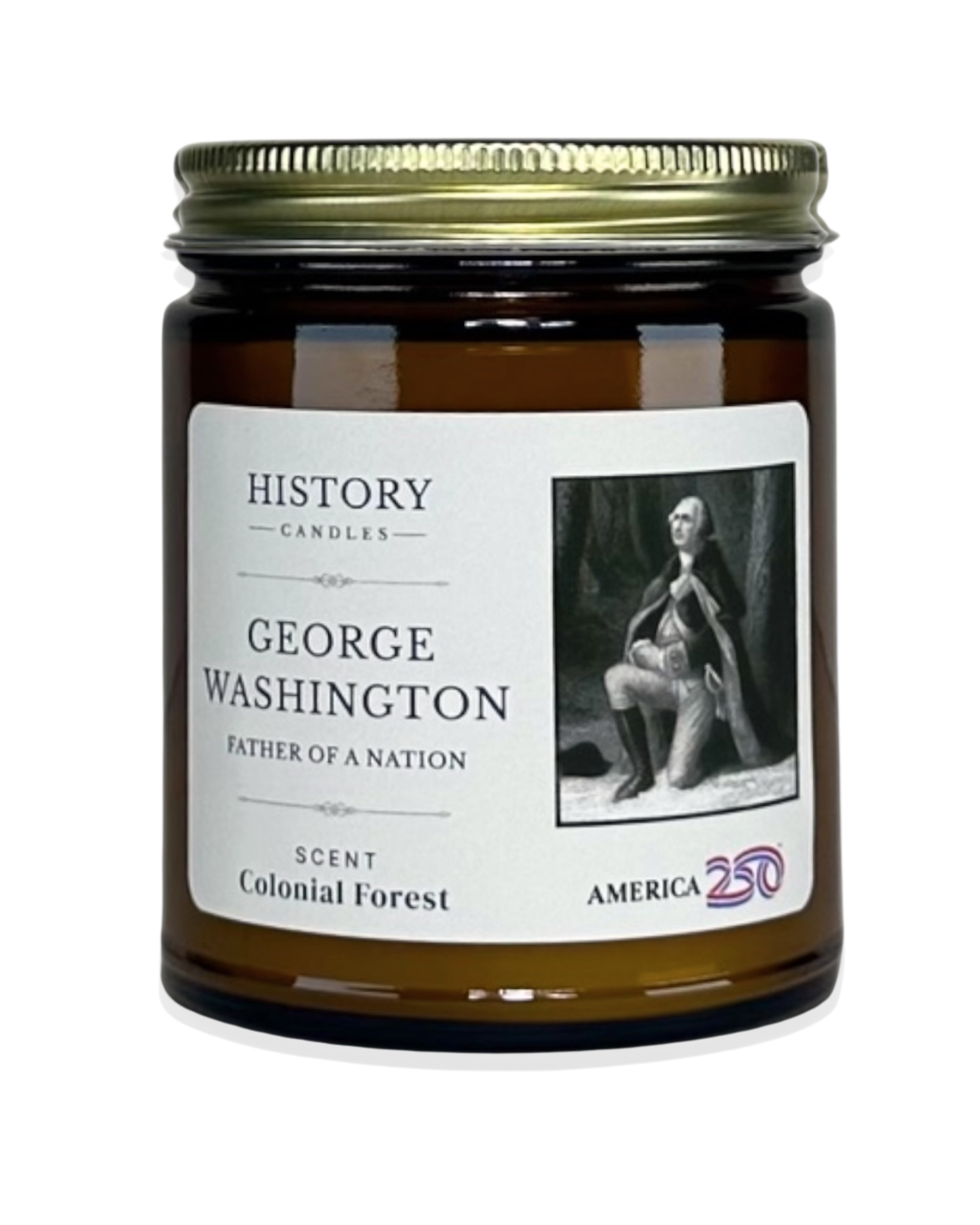 George Washington soy candle in amber glass jar with gold lid America 250