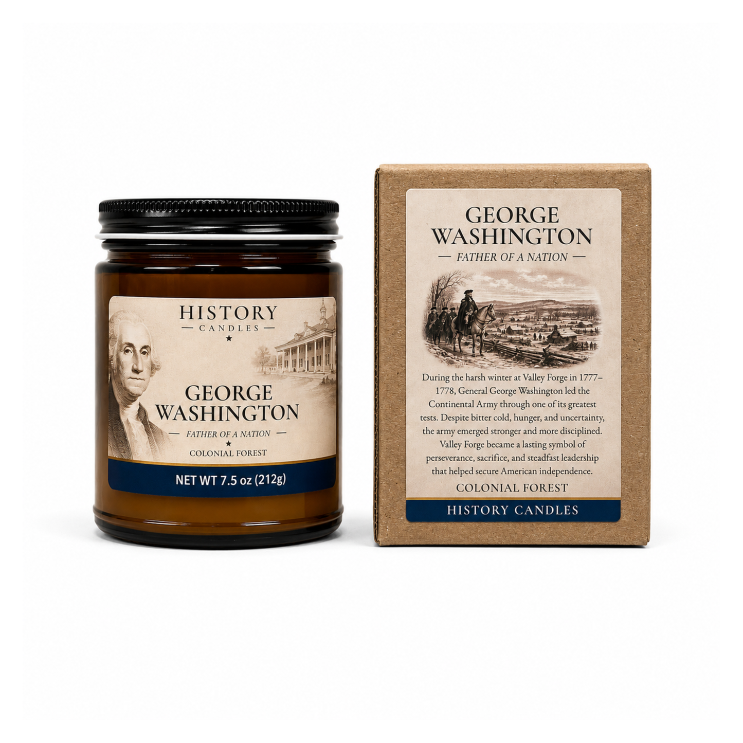 History Candles George Washington candle displayed with its premium gift box