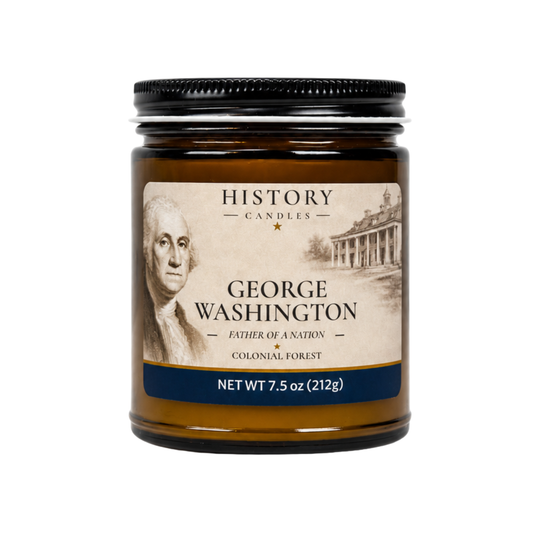 History Candles George Washington candle featuring the Colonial Forest fragrance in an amber glass jar