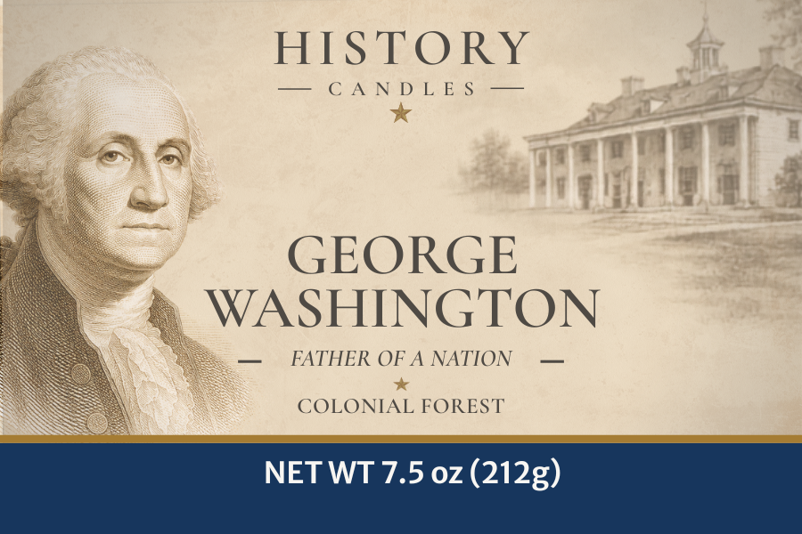 History Candles George Washington candle label featuring original historical artwork