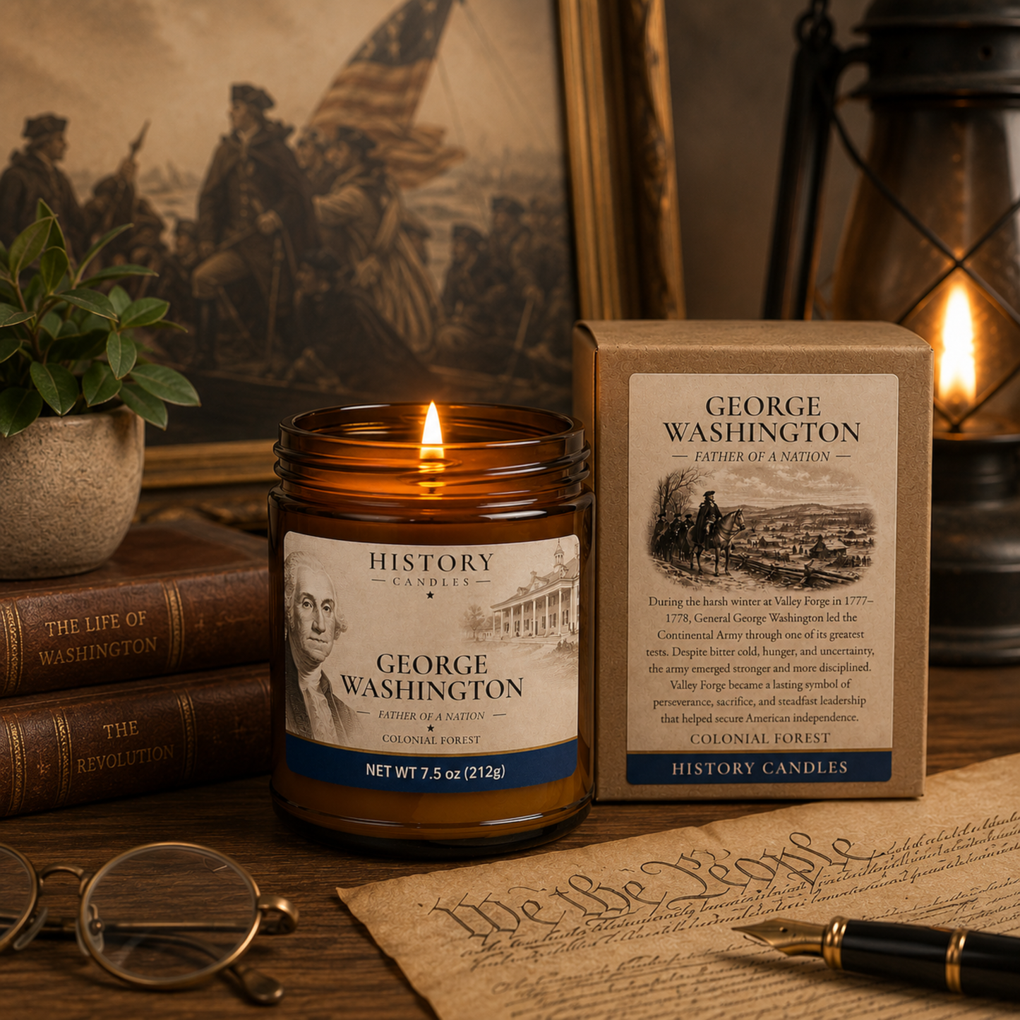 History Candles George Washington candle and premium gift box displayed in a historic study setting