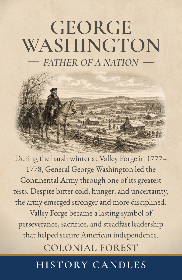 Historical story label describing George Washington.  The first president of the United States.
