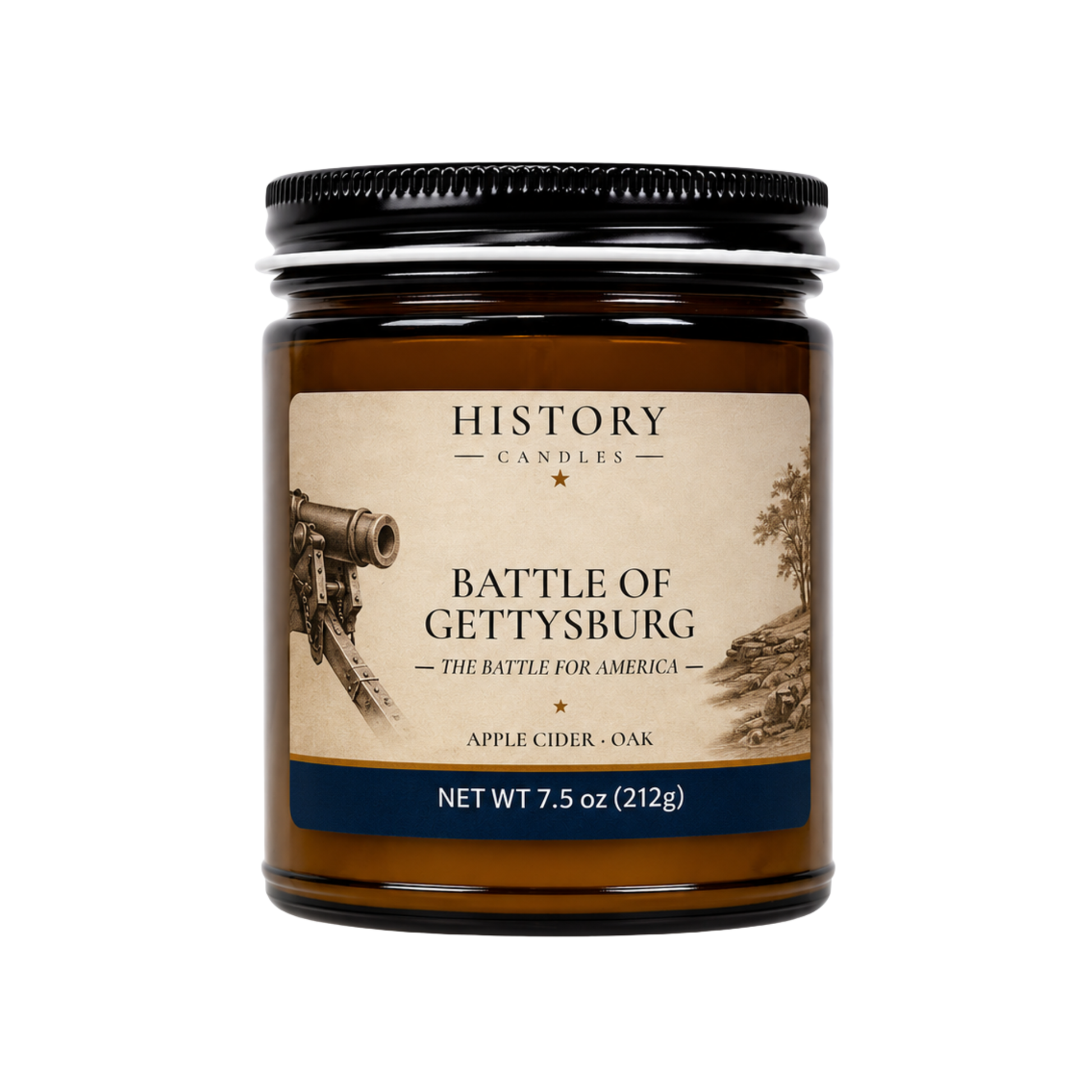 History Candles Gettysburg candle featuring Apple Cider & Oak fragrance in an amber glass jar