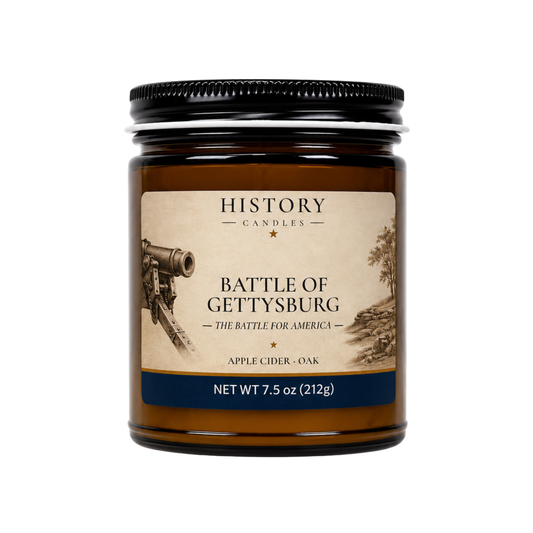 History Candles Gettysburg candle featuring Apple Cider & Oak fragrance in an amber glass jar