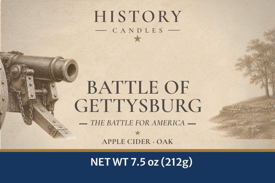 Close-up of the History Candles Gettysburg candle label featuring original historical artwork